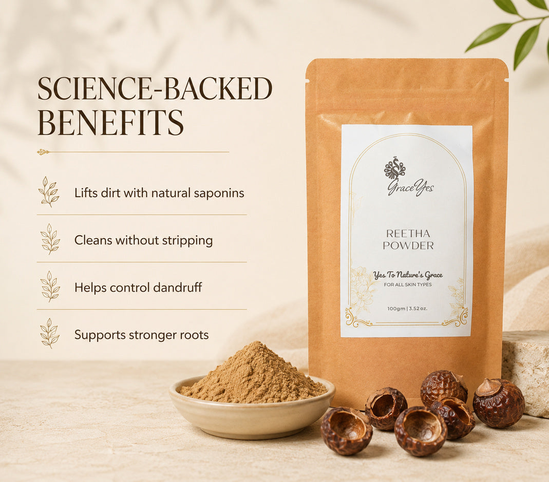Reetha powder benefits: lifts dirt with natural saponins, cleans without stripping