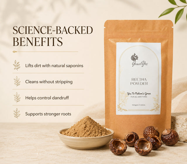 Reetha powder benefits: lifts dirt with natural saponins, cleans without stripping