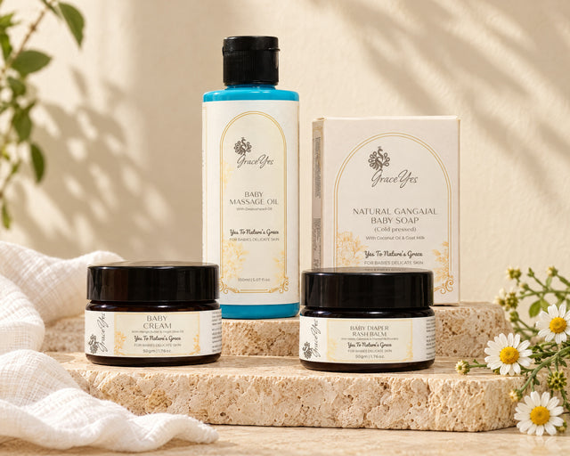 GraceYes Baby Care Gift Set: Baby Massage Oil, Natural Gangajal Baby Soap in its box, Baby Cream and Baby Diaper Rash Balm