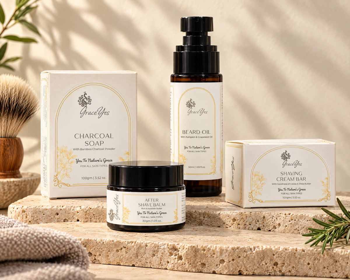 GraceYes Men's Shave Gift Set: Charcoal Soap and Shaving Cream Bar in their boxes, Beard Oil and After Shave Balm