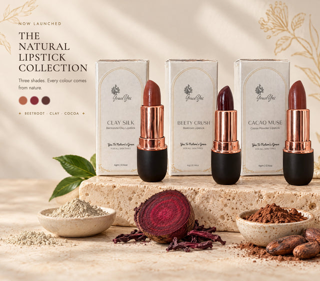 GraceYes Natural Lipstick collection: Clay Silk, Beety Crush and Cacao Muse with beetroot, clay and cocoa