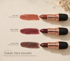 True shade swatches of Clay Silk, Beety Crush and Cacao Muse lipsticks, image 5