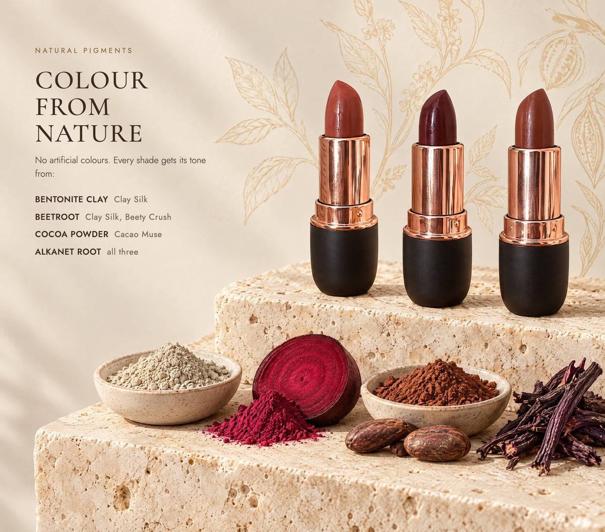 Natural pigments in GraceYes lipsticks: bentonite clay, beetroot, cocoa powder and alkanet root