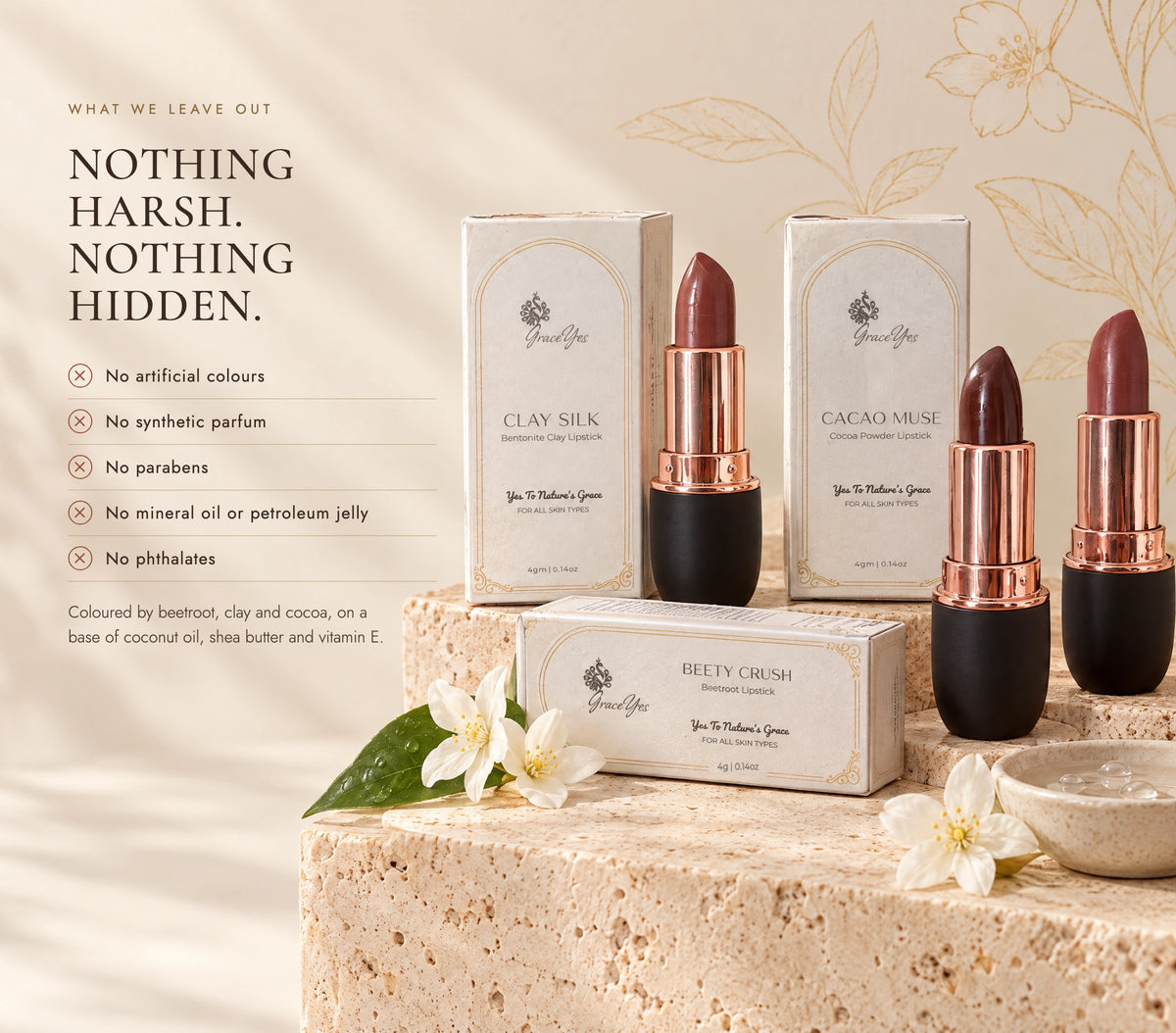 GraceYes lipsticks free from artificial colours, synthetic parfum, parabens, mineral oil and phthalates