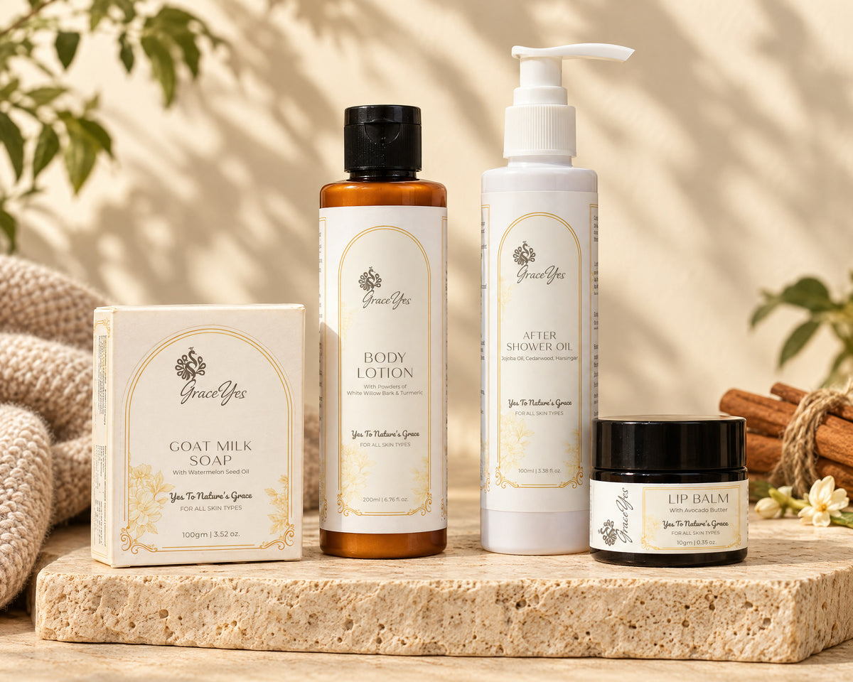 GraceYes Winter Body Care Set: Goat Milk Soap in its box, Body Lotion, After Shower Oil and Lip Balm