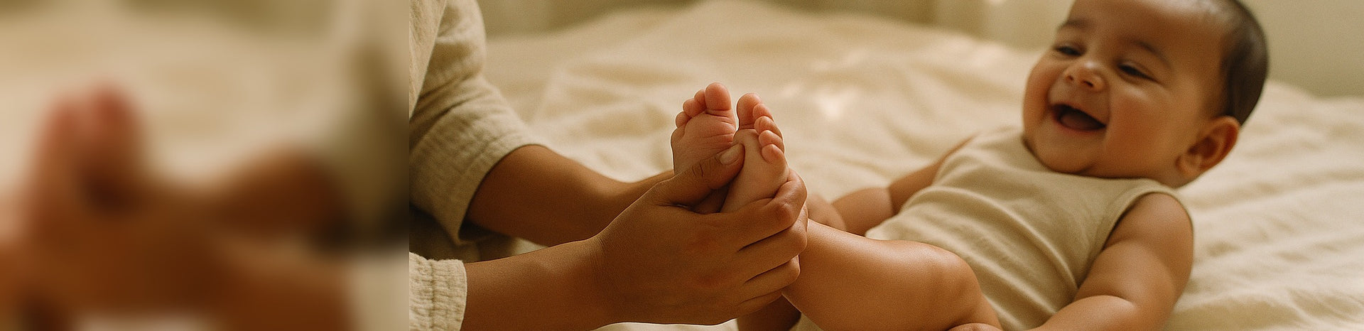 Parent massaging a smiling baby’s feet with baby massage oil
