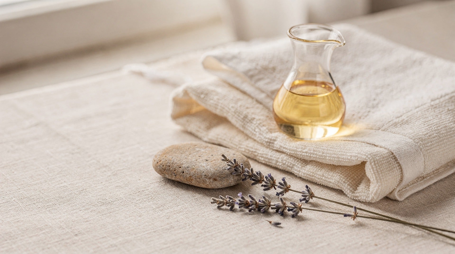 Glass jug of body oil on a folded cotton towel with a smooth stone and lavender sprigs