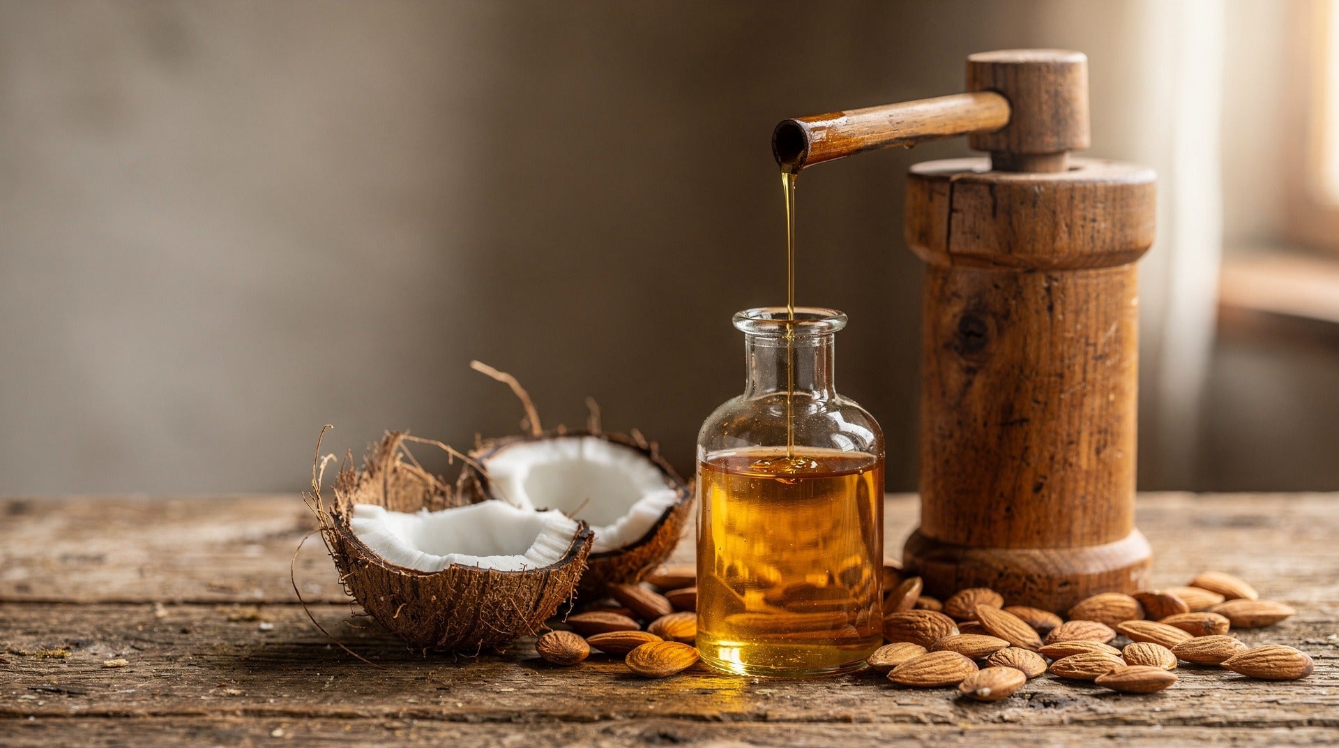 Wooden oil press pouring cold-pressed oil into a glass bottle beside coconut and almonds