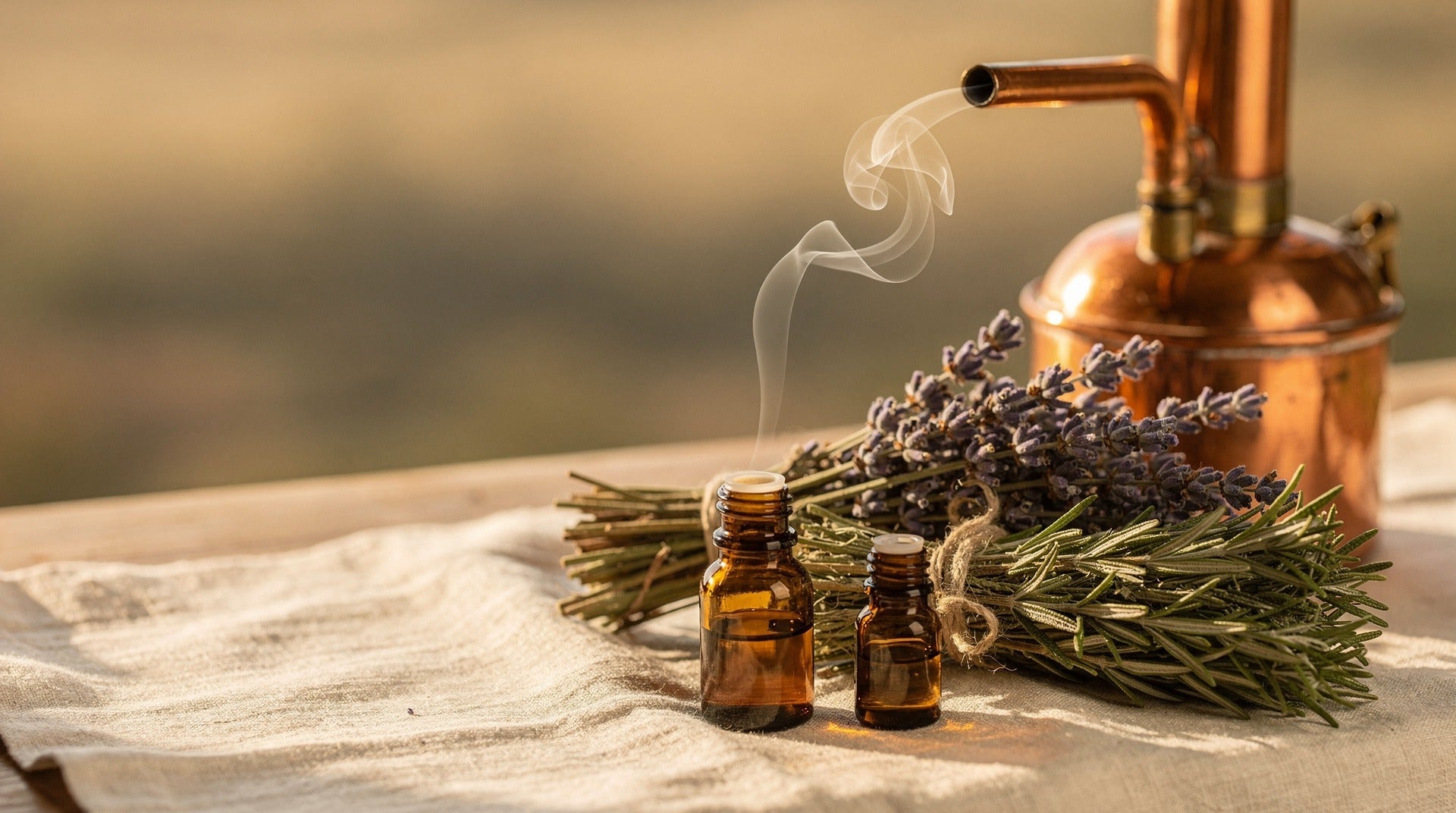 Copper still with lavender, rosemary and two amber essential oil bottles