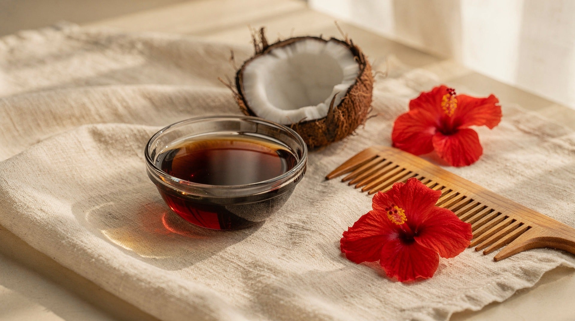 Bowl of herbal hair oil with a split coconut, red hibiscus flowers and a wooden comb