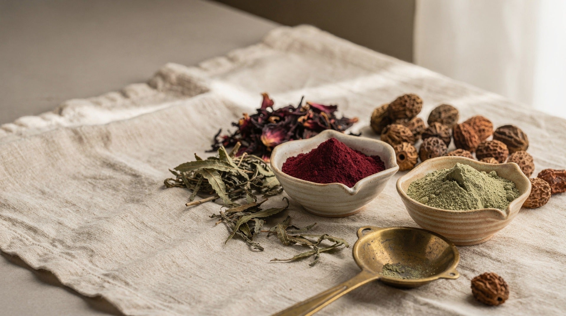 Bowls of red and green herbal powders with dried rose petals, reetha soapnuts and dried leaves