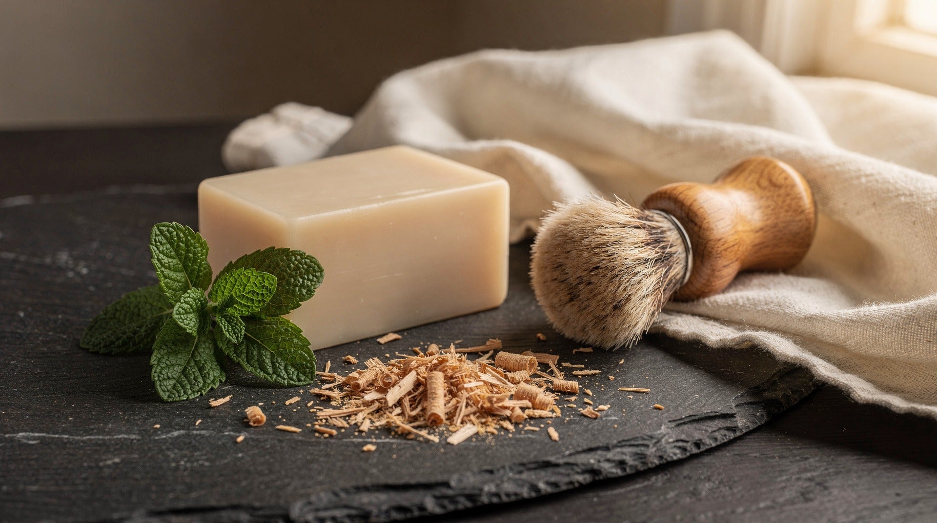 Shaving soap bar, shaving brush, mint leaves and sandalwood shavings on dark slate