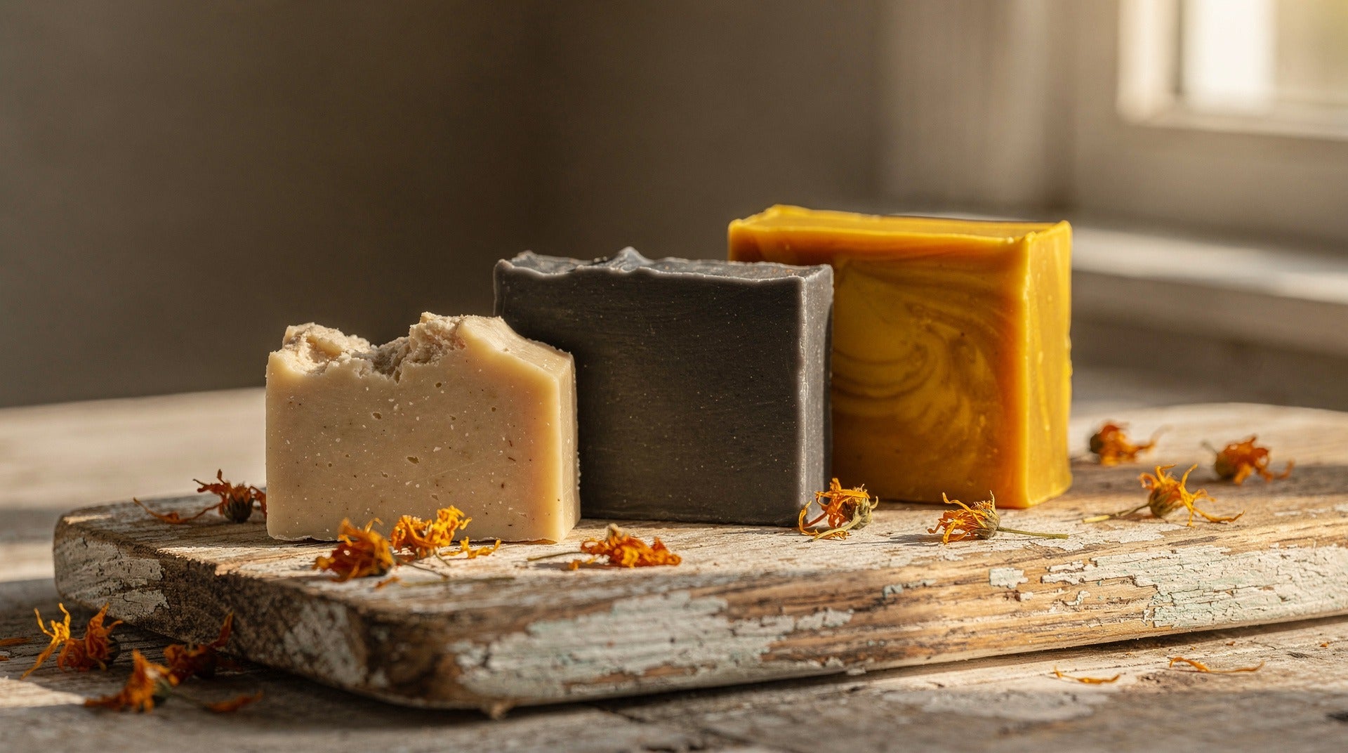 Three handmade cold-process soap bars on a wooden board with marigold petals